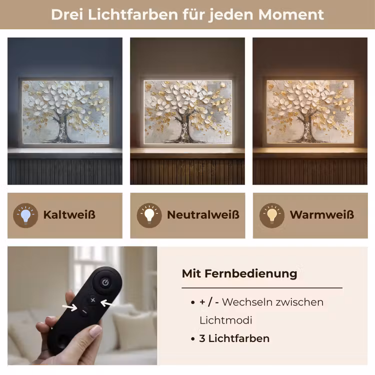 Boom - Beige - Grijs - Goud - Abstract Light Box met batterij (Wandlamp) middel -USP_lichtkleurDE