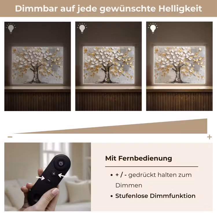 Boom - Beige - Grijs - Goud - Abstract Light Box met batterij (Wandlamp) middel -USP_dimbaarDE