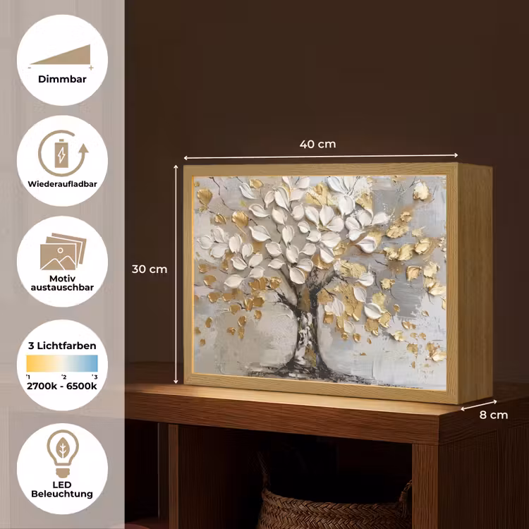 Boom - Beige - Grijs - Goud - Abstract Light Box met batterij (Wandlamp) middel -USP_websiteoverzichtDE