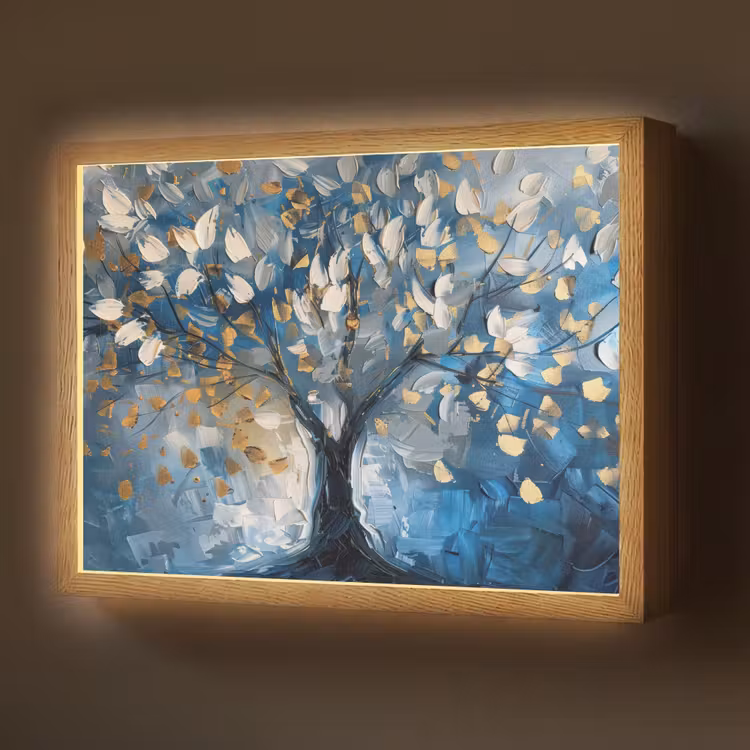 Boom - Blauw - Goud - Abstract Light Box met batterij (Wandlamp) middel -z3d_website