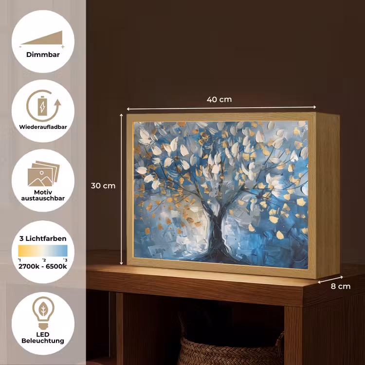 Boom - Blauw - Goud - Abstract Light Box met batterij (Wandlamp) middel -USP_websiteoverzichtDE