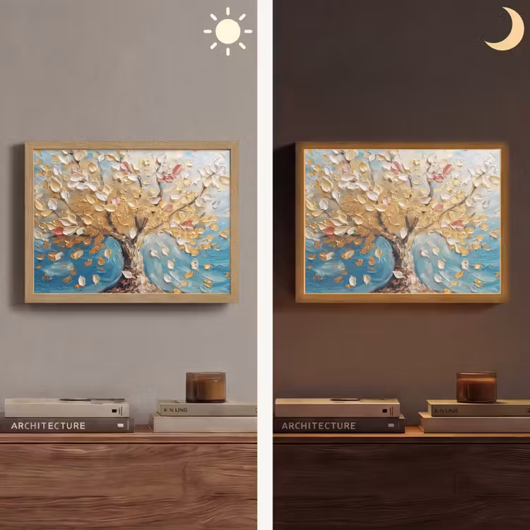 Boom - Blauw - Goud - Abstract - Modern Light Box met batterij (Wandlamp) middel -sfeer3