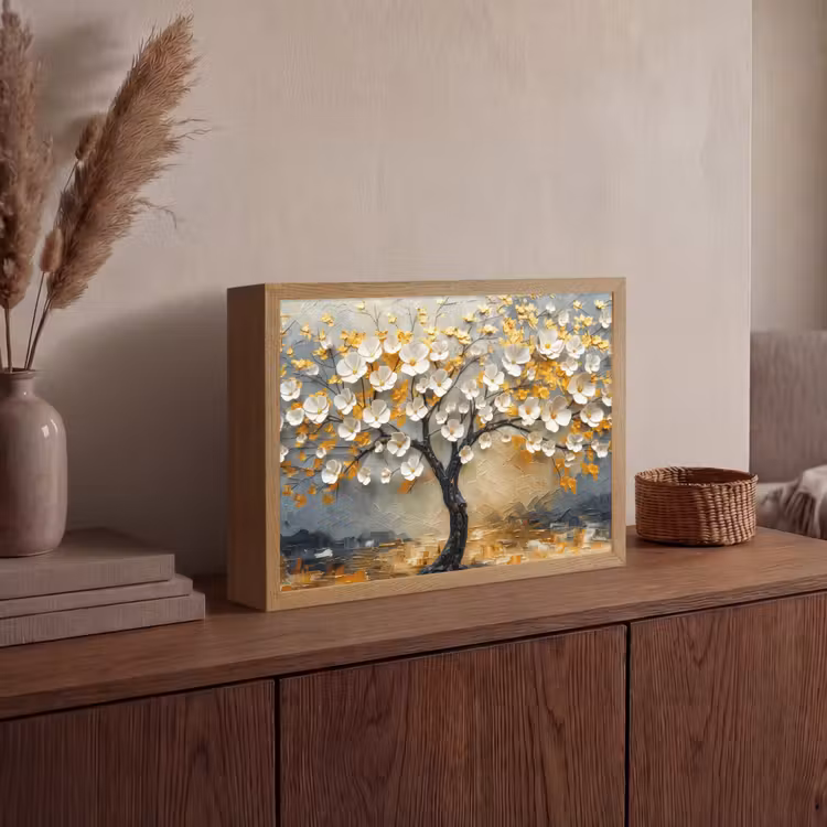 Boom - Bloemen - Goud - Beige Light Box met batterij (Wandlamp) middel -sfeer2