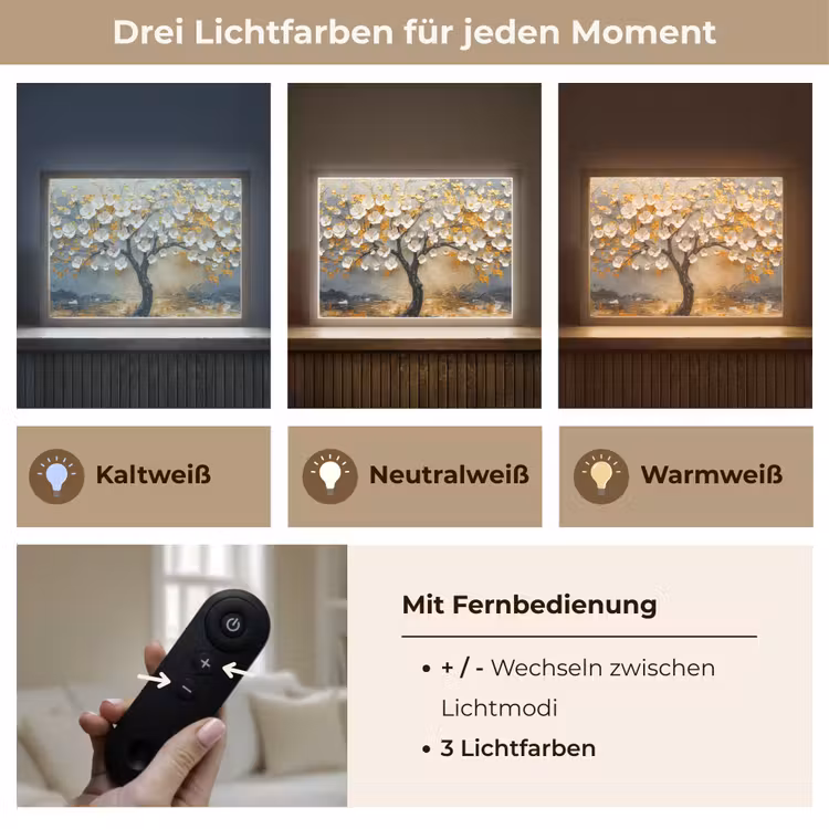Boom - Bloemen - Goud - Beige Light Box met batterij (Wandlamp) middel -USP_lichtkleurDE