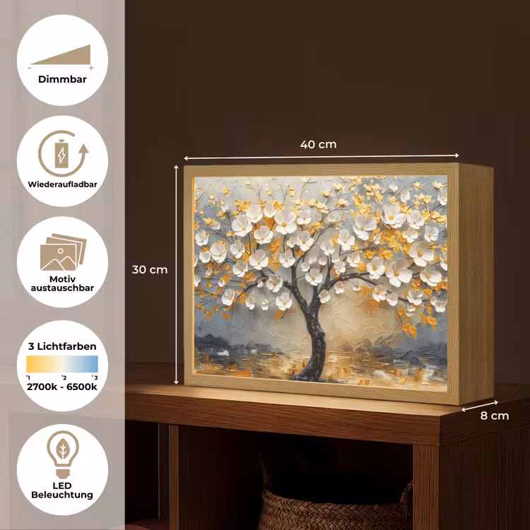 Boom - Bloemen - Goud - Beige Light Box met batterij (Wandlamp) middel -USP_websiteoverzichtDE