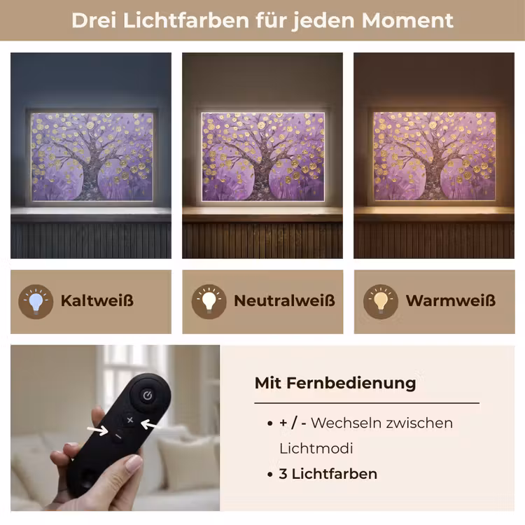 Levensboom - Boom - Paars - Goud - Modern Light Box met batterij (Wandlamp) middel -USP_lichtkleurDE