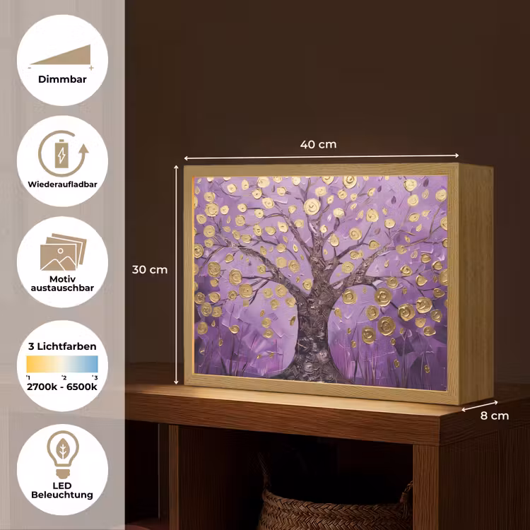 Levensboom - Boom - Paars - Goud - Modern Light Box met batterij (Wandlamp) middel -USP_websiteoverzichtDE