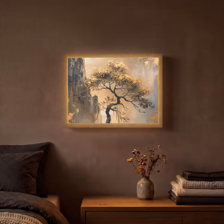 Boom - Goud - Landschap - Verf Light Box met batterij (Wandlamp) middel -sfeer4