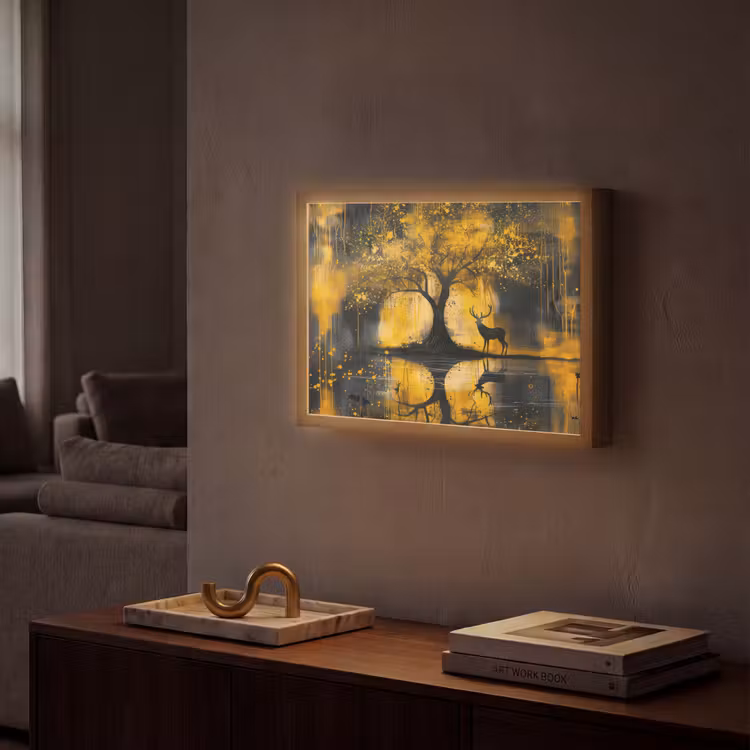 Boom - Verflook - Hert - Natuur - Goud Light Box met batterij (Wandlamp) middel -sfeer1