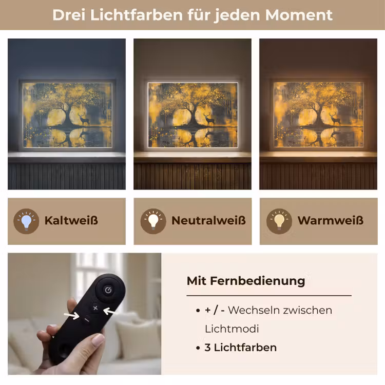 Boom - Verflook - Hert - Natuur - Goud Light Box met batterij (Wandlamp) middel -USP_lichtkleurDE