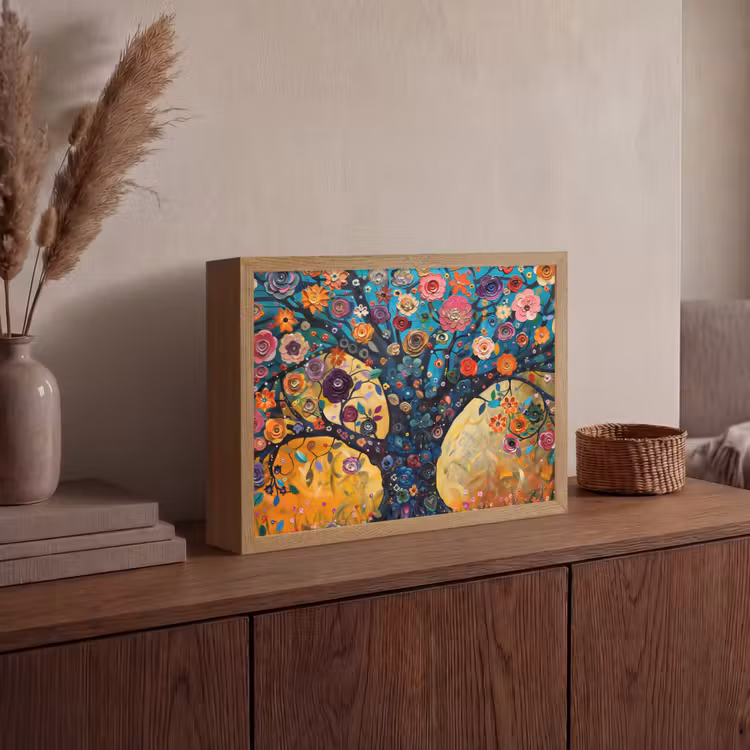 Boom - Levensboom - Kleurrijk - Bloemen - Modern Light Box met batterij (Wandlamp) middel -sfeer2