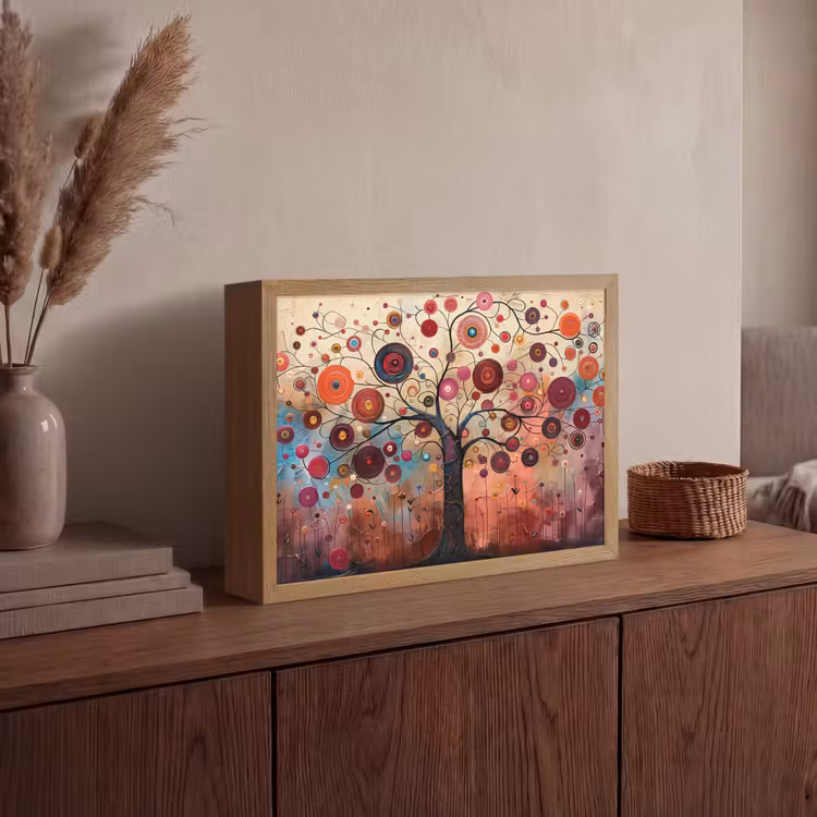 Boom - Paars - Abstract - Kunst Light Box met batterij (Wandlamp) middel -sfeer2
