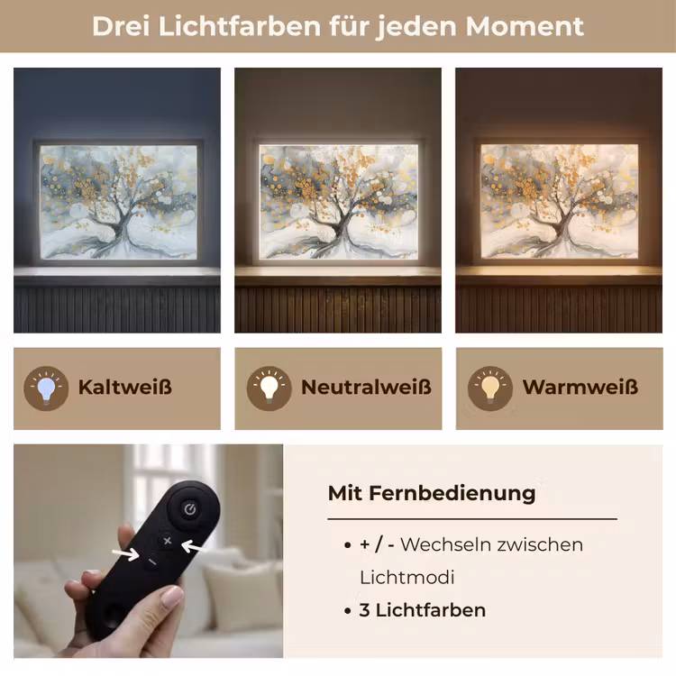 Boom - Modern - Abstract - Goud - Zwart - Wit Light Box met batterij (Wandlamp) middel -USP_lichtkleurDE