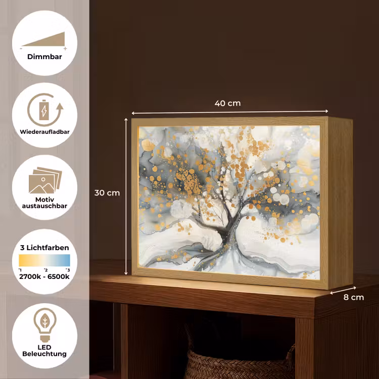 Boom - Modern - Abstract - Goud - Zwart - Wit Light Box met batterij (Wandlamp) middel -USP_websiteoverzichtDE
