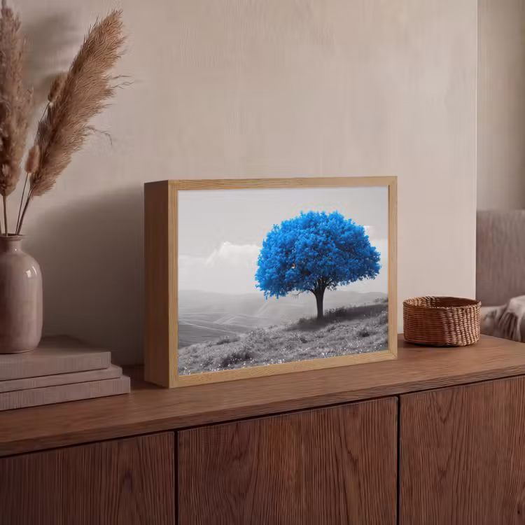 Boom - Natuur - Blauw - Zwart wit Light Box met batterij (Wandlamp) middel -sfeer2
