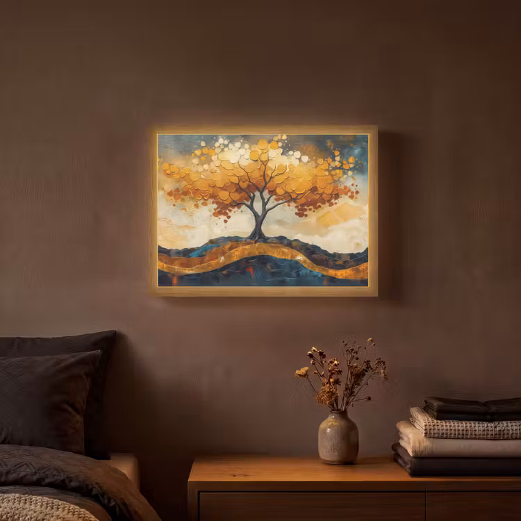 Boom - Natuur - Goud - Modern Light Box met batterij (Wandlamp) middel -sfeer4