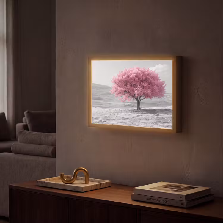 Boom - Natuur - Roze - Zwart wit Light Box met batterij (Wandlamp) middel -sfeer1