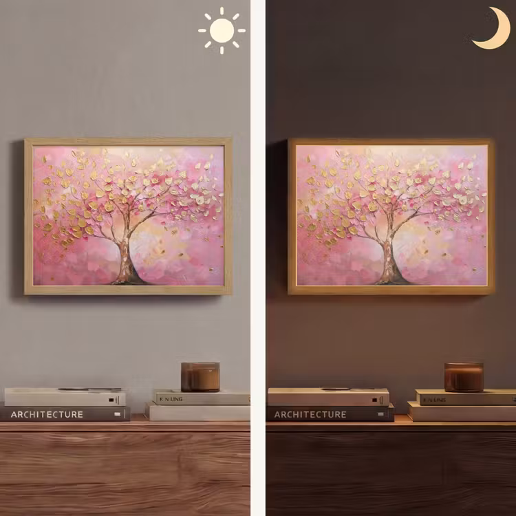 Boom - Roze - Goud - Modern Light Box met batterij (Wandlamp) middel -sfeer3