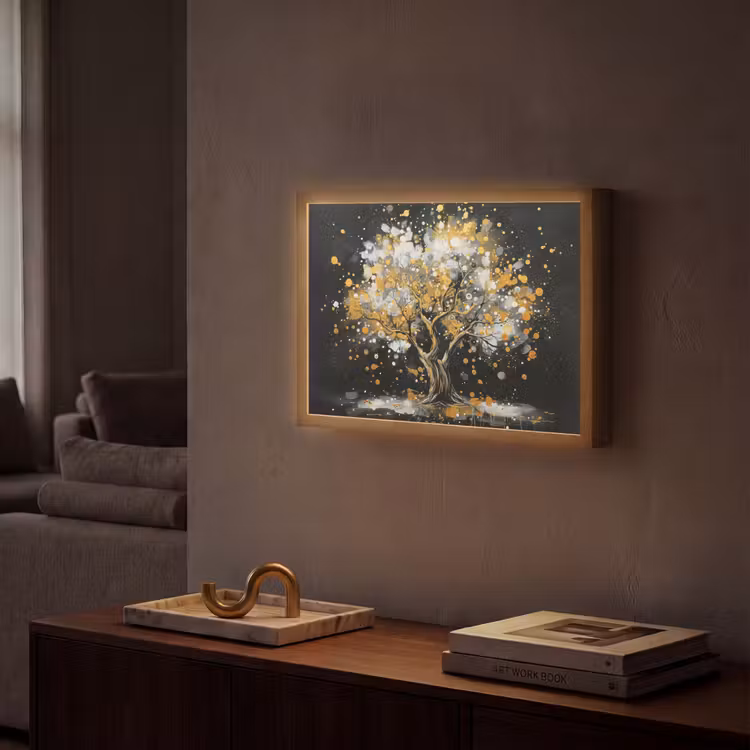 Boom - Zwart - Goud - Wit - Modern Light Box met batterij (Wandlamp) middel -sfeer1