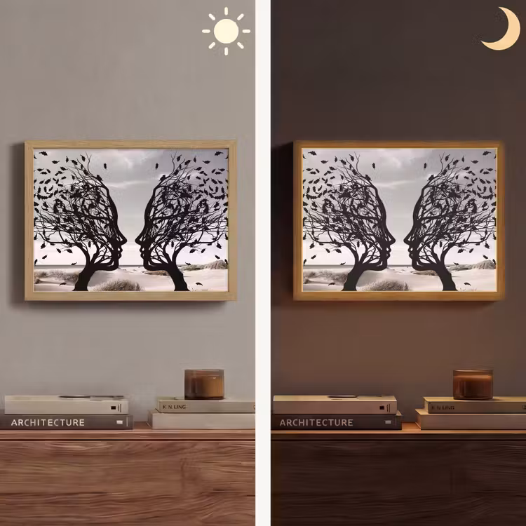 Bomen - Gezicht - Bladeren - Moderne kunst Light Box met batterij (Wandlamp) middel -sfeer3