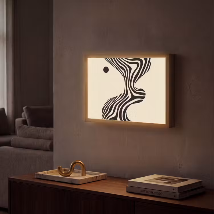 Beige - Lijnen - Golvend - Abstract Light Box met batterij (Wandlamp) middel -sfeer1