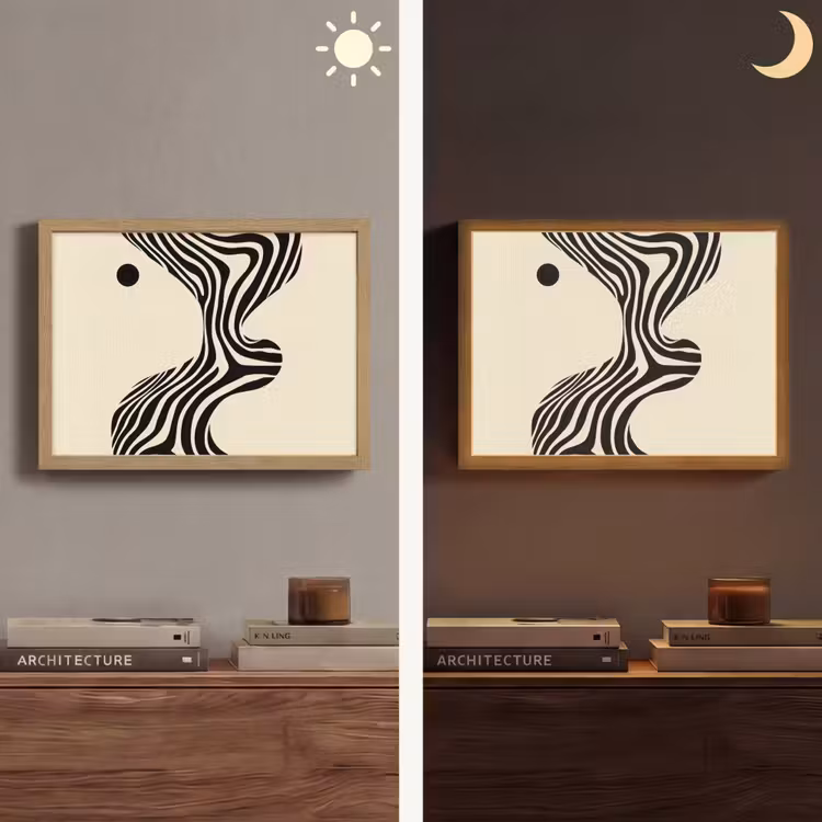 Beige - Lijnen - Golvend - Abstract Light Box met batterij (Wandlamp) middel -sfeer3