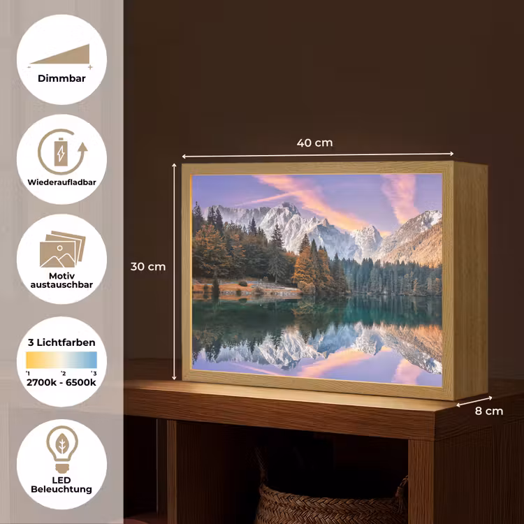 Bergen - Bos - Water - Lucht - Roze - Paars Light Box met batterij (Wandlamp) middel -USP_websiteoverzichtDE