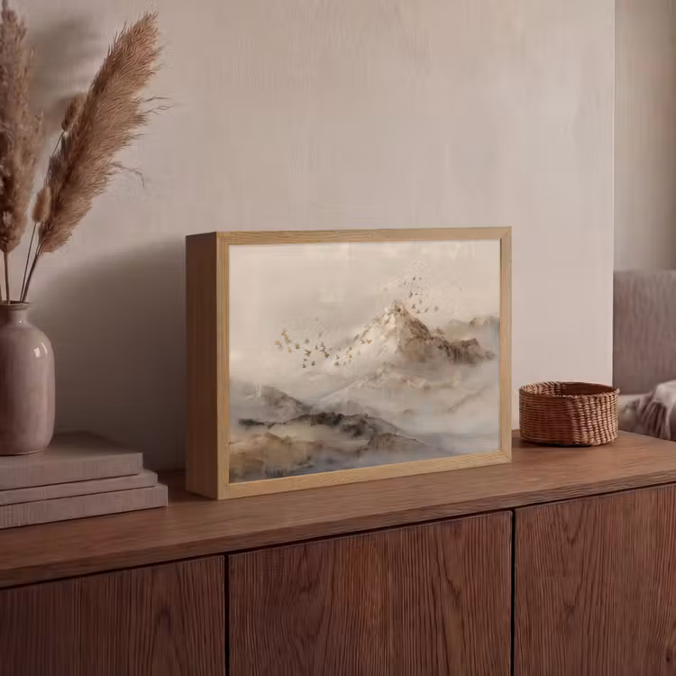 Berglandschap - Mist - Penseelstreken Light Box met batterij (Wandlamp) middel -sfeer2