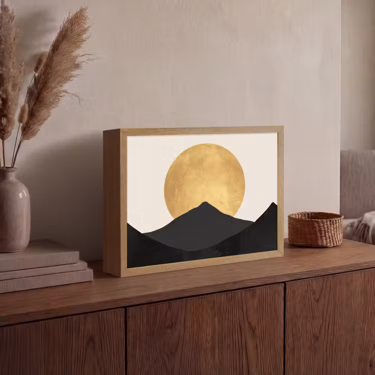 Bergsilhouetten - Gouden cirkel - Beige Light Box met batterij (Wandlamp) middel -sfeer2