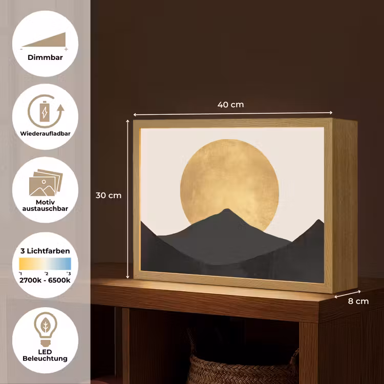 Bergsilhouetten - Gouden cirkel - Beige Light Box met batterij (Wandlamp) middel -USP_websiteoverzichtDE