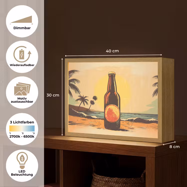 Bierfles - Zonsondergang - Palmbomen - Zee Light Box met batterij (Wandlamp) middel -USP_websiteoverzichtDE