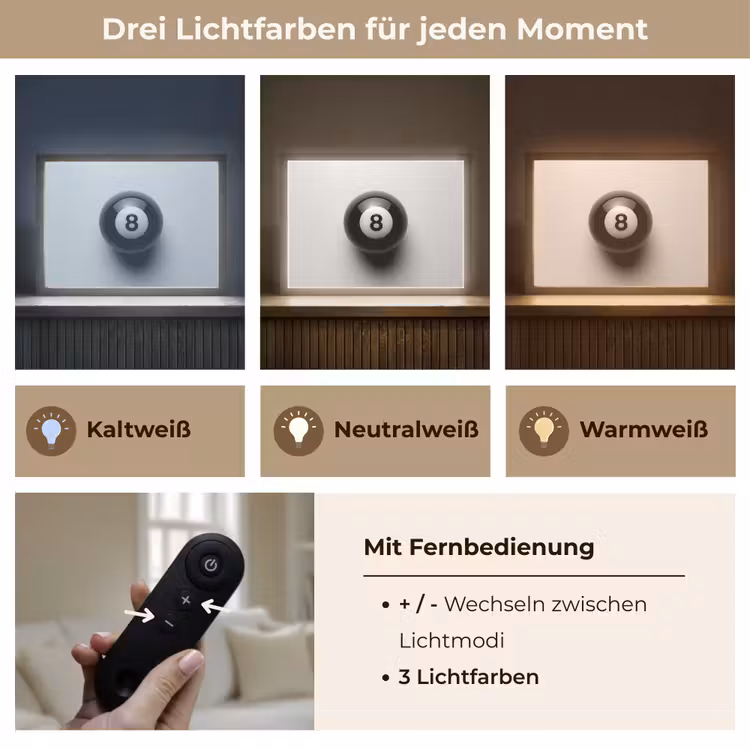 Biljartbal - Getal - Acht - Wit Light Box met batterij (Wandlamp) middel -USP_lichtkleurDE