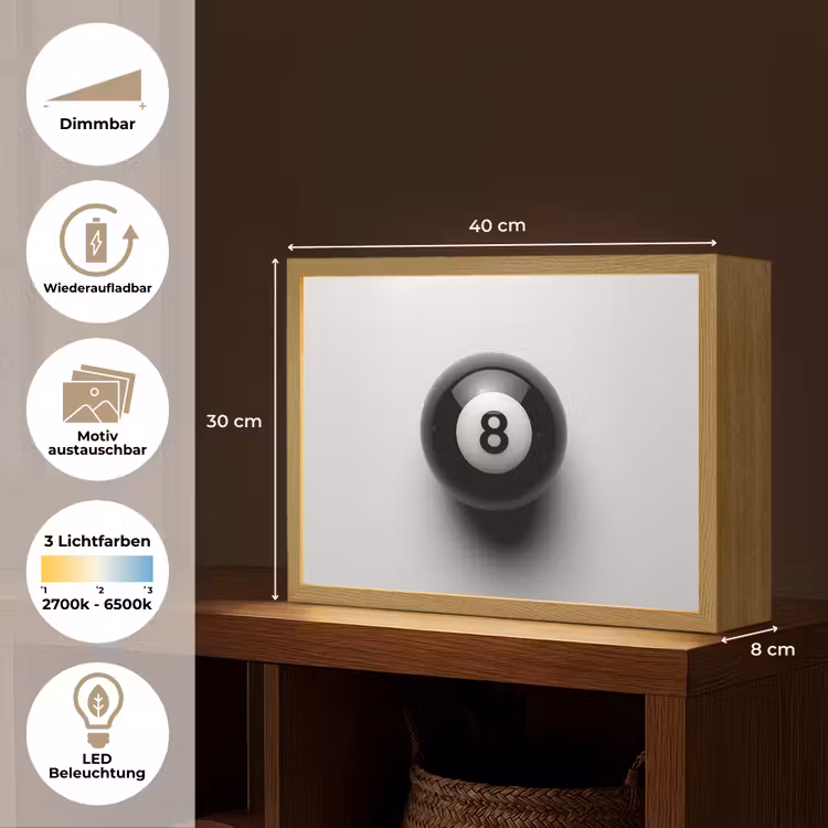Biljartbal - Getal - Acht - Wit Light Box met batterij (Wandlamp) middel -USP_websiteoverzichtDE