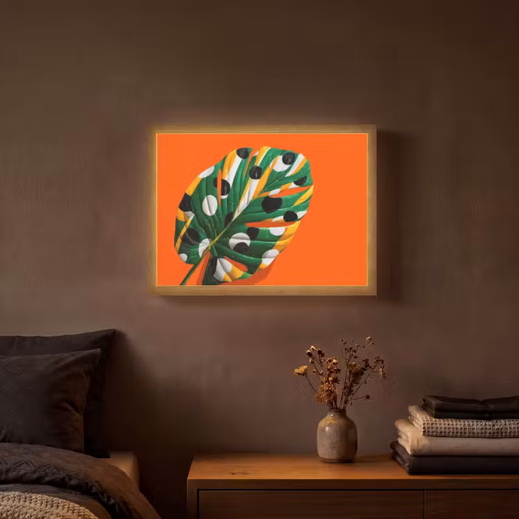 Blad - Oranje - Stippen - Kleurrijk Light Box met batterij (Wandlamp) middel -sfeer4