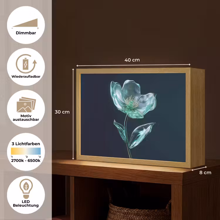 Bladeren - Bloem - Glazen - Donkerblauw Light Box met batterij (Wandlamp) middel -USP_websiteoverzichtDE