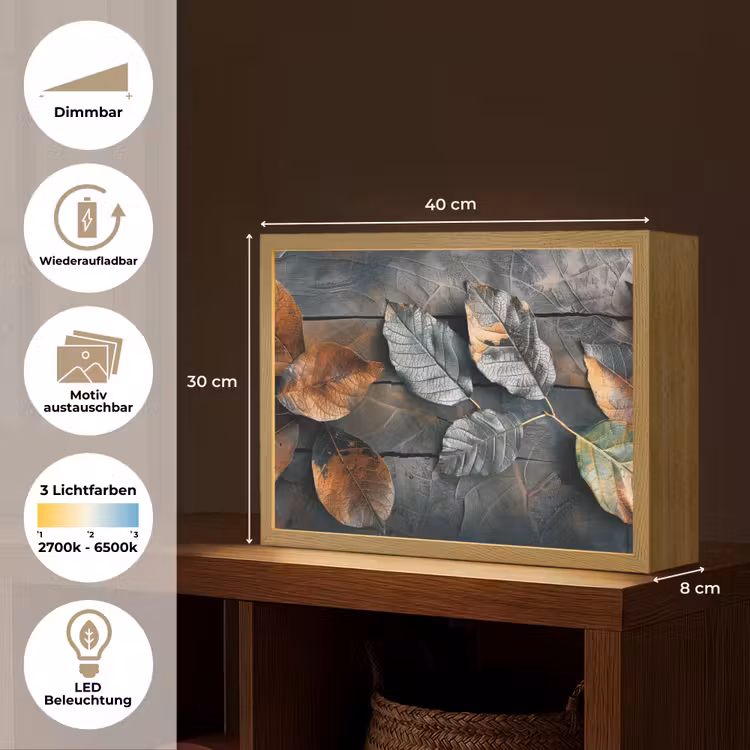 Bladeren - Herfst - Grijs - Natuur Light Box met batterij (Wandlamp) middel -USP_websiteoverzichtDE