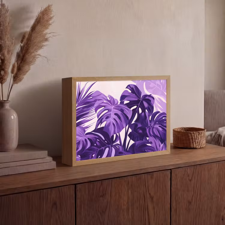 Bladeren - Paars - Tropisch - Abstract Light Box met batterij (Wandlamp) middel -sfeer2