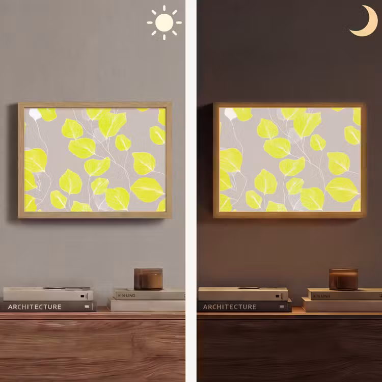 Bladeren - Neon - Geel - Lijnen Light Box met batterij (Wandlamp) middel -sfeer3