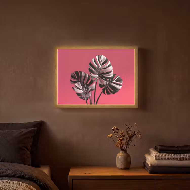 Bladeren - Rond - Roze Light Box met batterij (Wandlamp) middel -sfeer4