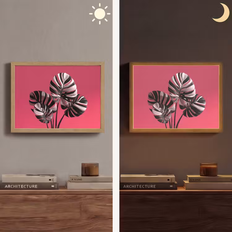 Bladeren - Rond - Roze Light Box met batterij (Wandlamp) middel -sfeer3