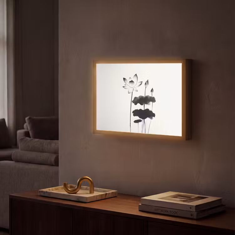 Bladeren - Zwart - Lotusbloem - Minimalitisch Light Box met batterij (Wandlamp) middel -sfeer1