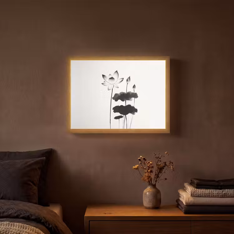 Bladeren - Zwart - Lotusbloem - Minimalitisch Light Box met batterij (Wandlamp) middel -sfeer4