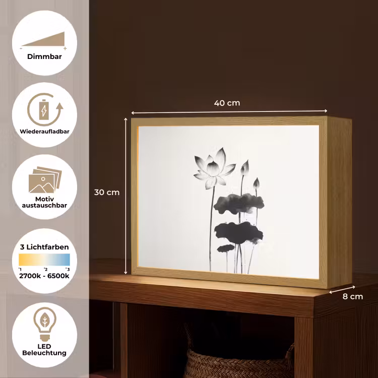 Bladeren - Zwart - Lotusbloem - Minimalitisch Light Box met batterij (Wandlamp) middel -USP_websiteoverzichtDE