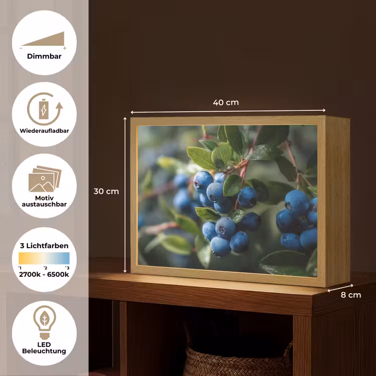 Blauwe bessen - Dauwdruppels - Natuurlijk licht Light Box met batterij (Wandlamp) middel -USP_websiteoverzichtDE