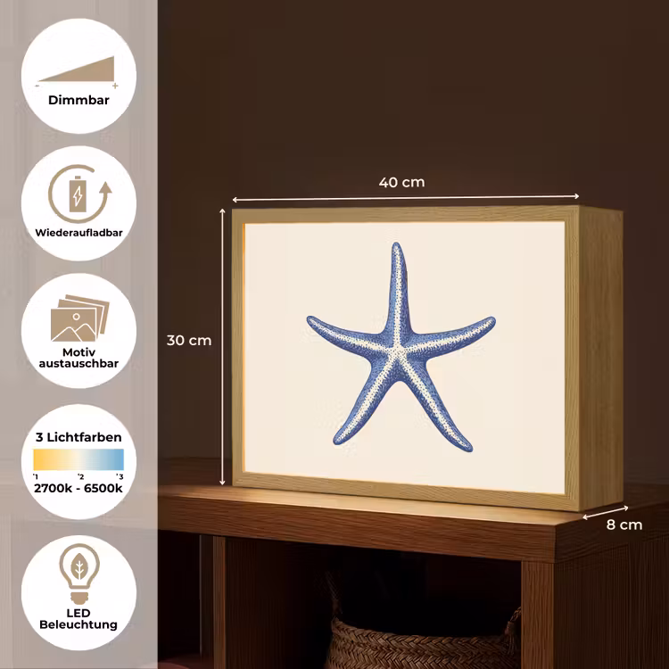 Blauwe zeester - Minimalistisch - Beige Light Box met batterij (Wandlamp) middel -USP_websiteoverzichtDE