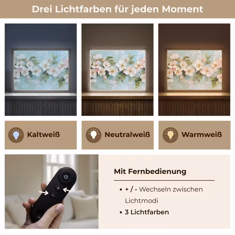 Bloesem - Bladeren - Lichtblauw Light Box met batterij (Wandlamp) middel -USP_lichtkleurDE