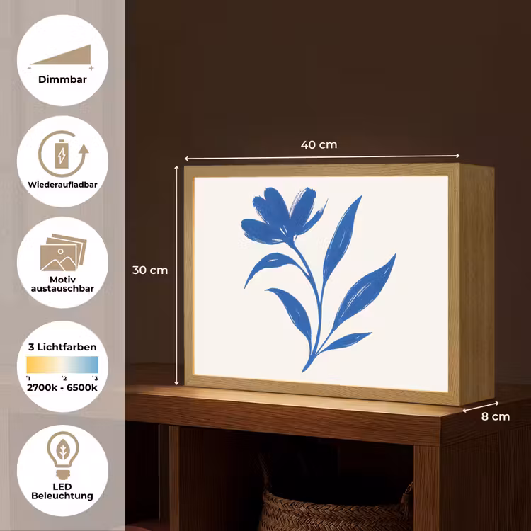 Bloem - Blaadjes - Minimalistisch - Blauw Light Box met batterij (Wandlamp) middel -USP_websiteoverzichtDE