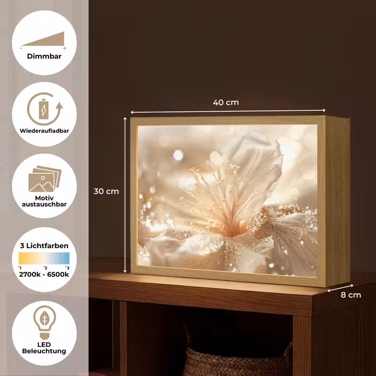 Bloem - Wit - Glitter - Goud - Modern Light Box met batterij (Wandlamp) middel -USP_websiteoverzichtDE
