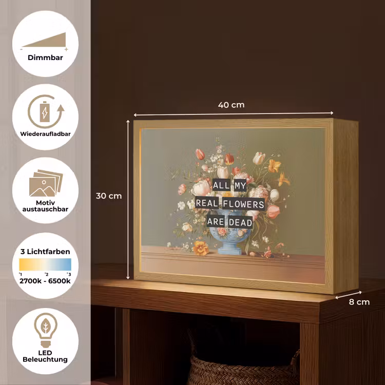Bloem - Quote - Vintage - Art Light Box met batterij (Wandlamp) middel -USP_websiteoverzichtDE