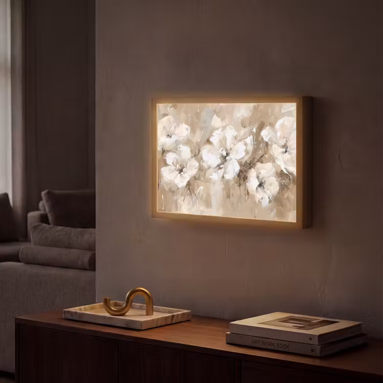 Bloemen - Beige - Abstract - Modern Light Box met batterij (Wandlamp) middel -sfeer1